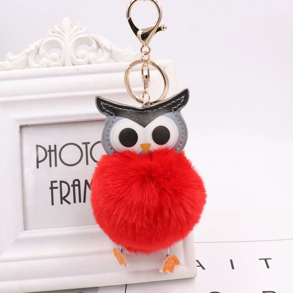 Plush Owl Fur Ball Keychain Pu Leather Cartoon Doll Pendant For Bag And Car Ornament