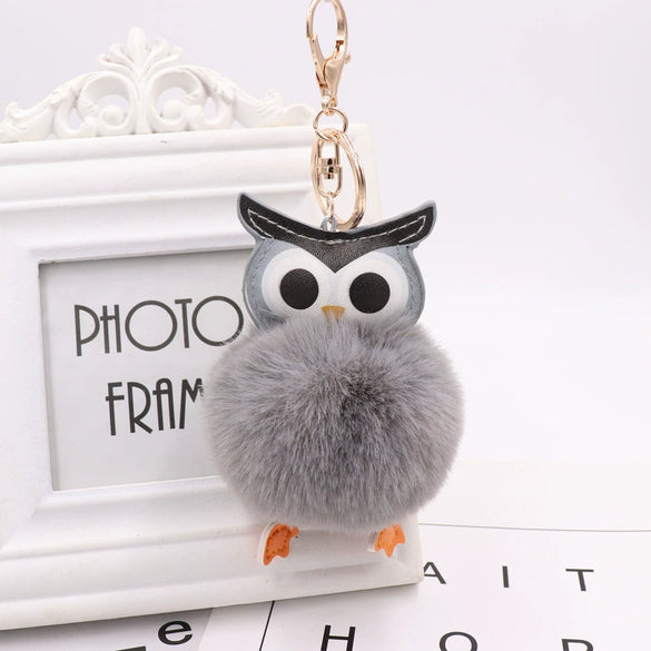 Plush Owl Fur Ball Keychain Pu Leather Cartoon Doll Pendant For Bag And Car Ornament