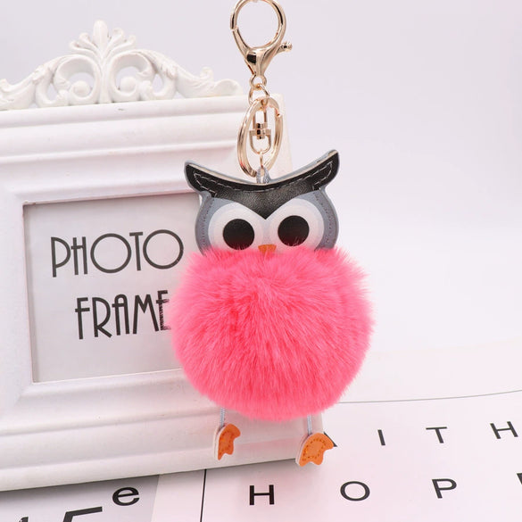 Plush Owl Fur Ball Keychain Pu Leather Cartoon Doll Pendant For Bag And Car Ornament