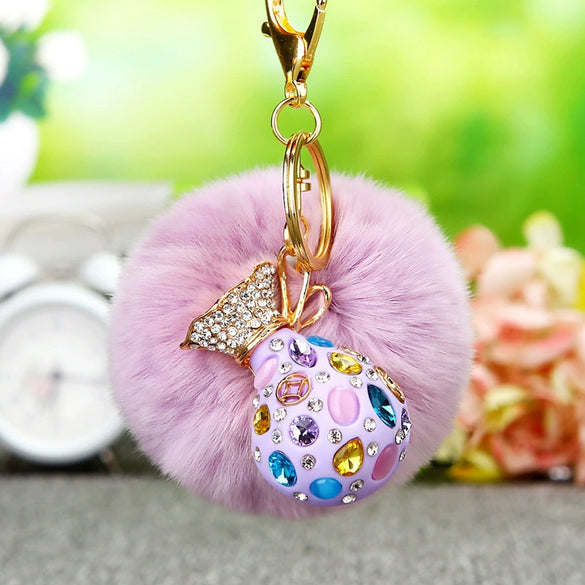 Plush Satchel Style Women's Car Keychain Diamond Encrusted Creative Bag Pendant Fur Ball Gift