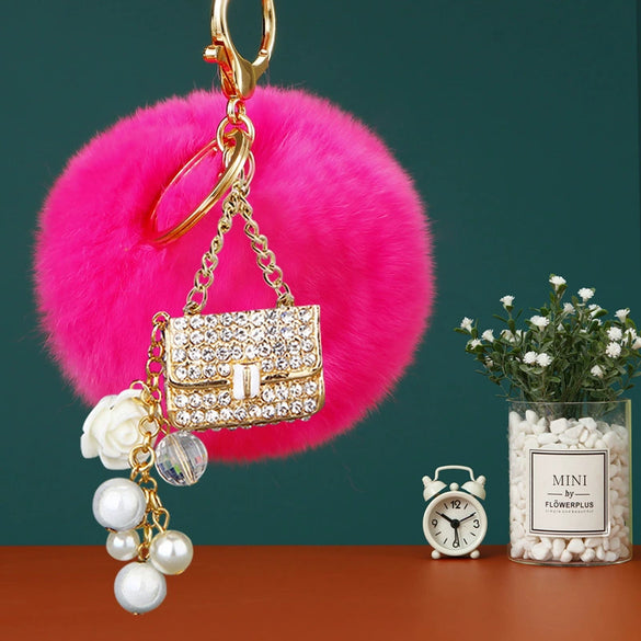 Plush Satchel Style Women's Car Keychain Diamond Encrusted Creative Bag Pendant Fur Ball Gift
