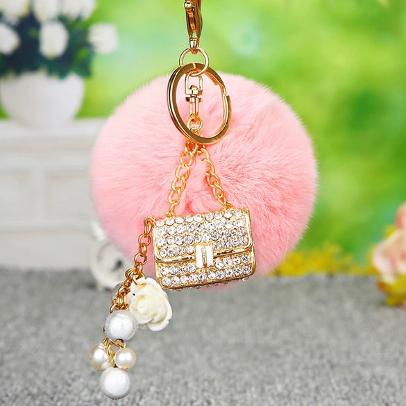 Plush Satchel Style Women's Car Keychain Diamond Encrusted Creative Bag Pendant Fur Ball Gift