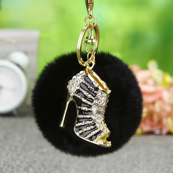 Plush Satchel Style Women's Car Keychain Diamond Encrusted Creative Bag Pendant Fur Ball Gift