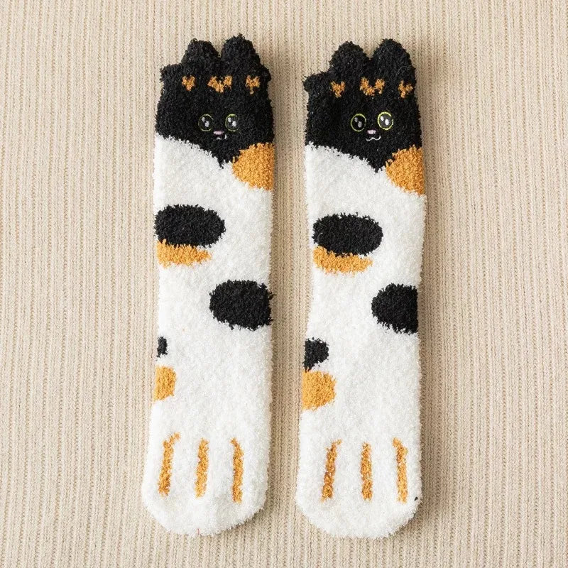 Plush Socks Female Autumn And Winter Coral Fleece Plus Velvet Thickening Cat Claw Socks 3 Pairs Starting Batch