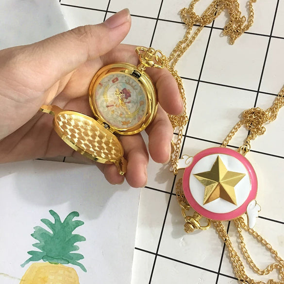 Pocket Watch Alloy Female Cartoon Round Dial With Angel Wings And Sakura Stars Hanging Chain
