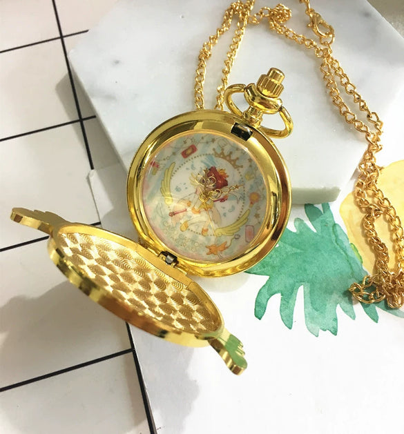 Pocket Watch Alloy Female Cartoon Round Dial With Angel Wings And Sakura Stars Hanging Chain