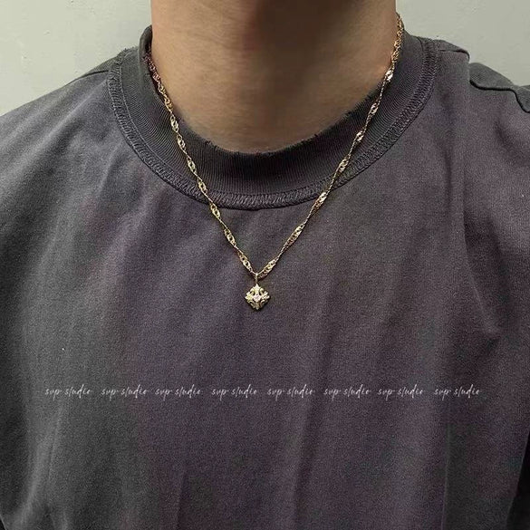 Polished Brassplated Iris Flower Cross Pendant Necklace With Copper Zirconium And Water Wave Chain For Men And Women