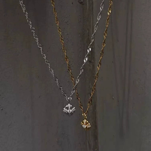 Polished Brassplated Iris Flower Cross Pendant Necklace With Copper Zirconium And Water Wave Chain For Men And Women
