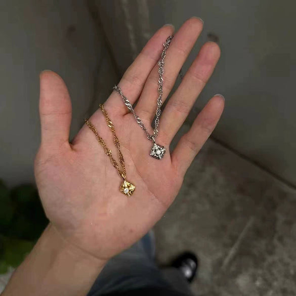 Polished Brassplated Iris Flower Cross Pendant Necklace With Copper Zirconium And Water Wave Chain For Men And Women
