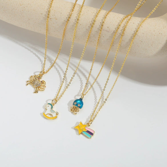 Pony Shape Pendant Necklace For Women Copper Mixed Gemstone Setting Geometric Design Electroplating