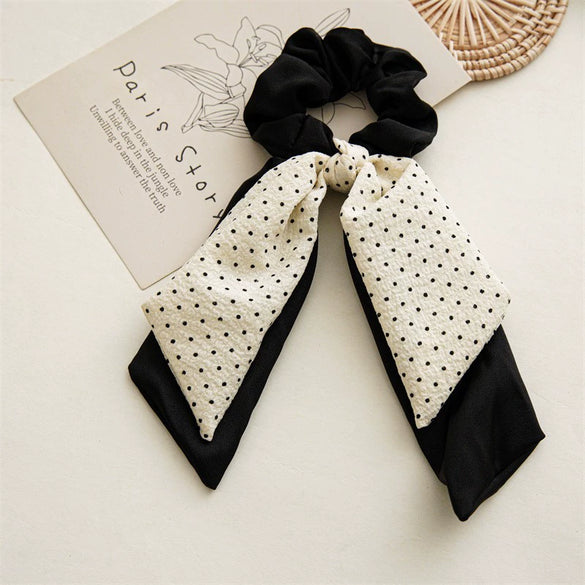 Ponytail Ribbon Large Intestine Hair Band Female Bow Handmade Fabric Black Dotted Headdress
