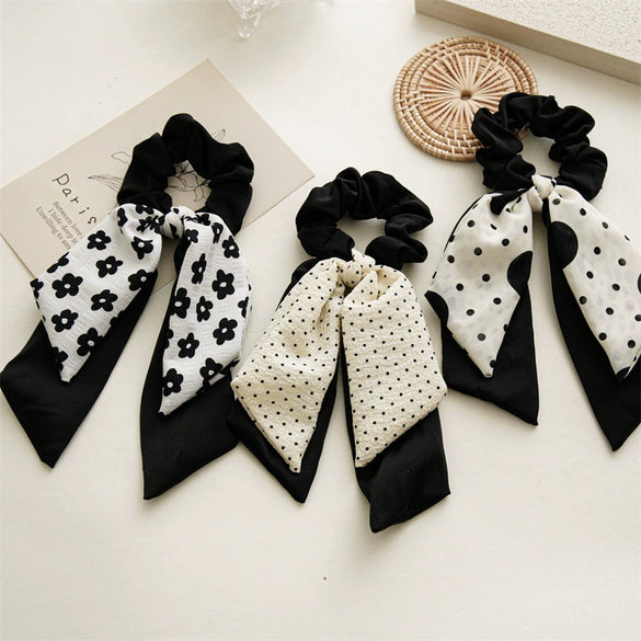 Ponytail Ribbon Large Intestine Hair Band Female Bow Handmade Fabric Black Dotted Headdress