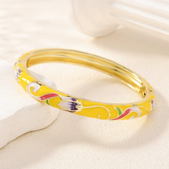 Popular Cloisonné Bracelet Painted With Colored Lotus Double Layer Cut Out Electroplated Jewelry