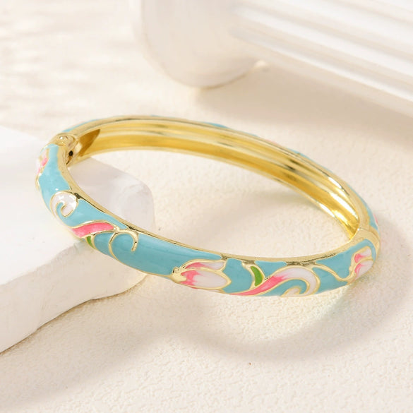 Popular Cloisonné Bracelet Painted With Colored Lotus Double Layer Cut Out Electroplated Jewelry