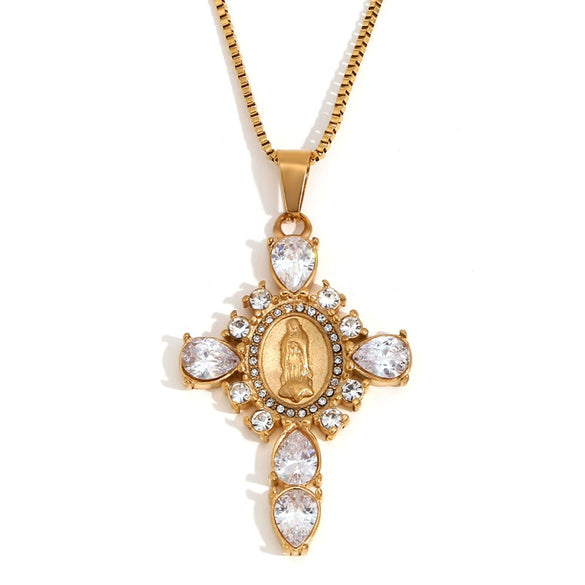 Popular Creative Hiphop Luxury Jewelry Stainless Steel Titanium Steel Plated 18K Gold Virgin Diamond Cross Geometric Pattern For Women Electroplating
