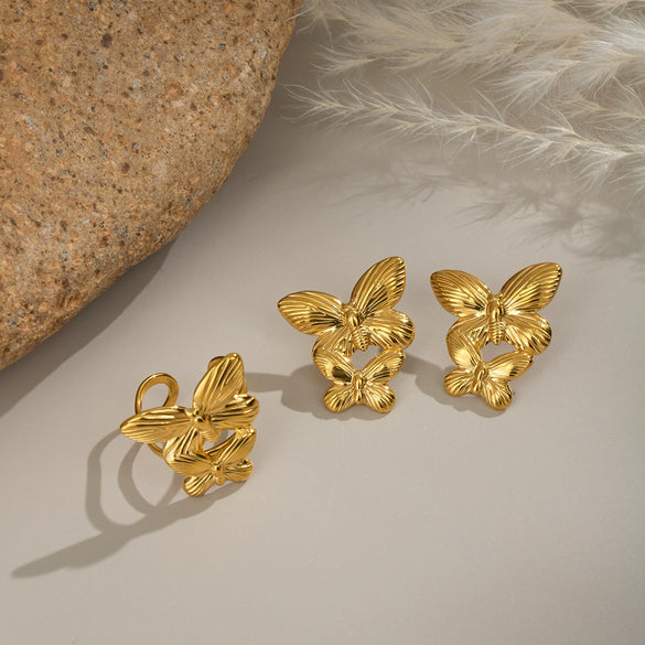 Popular Elegant Butterfly Animal Zodiac Style Stainless Steel Earrings And Ring Jewelry With Electroplating 18K Real Gold