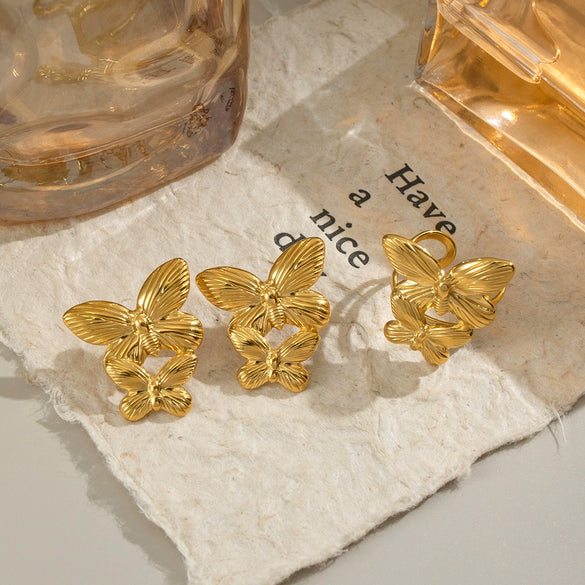 Popular Elegant Butterfly Animal Zodiac Style Stainless Steel Earrings And Ring Jewelry With Electroplating 18K Real Gold