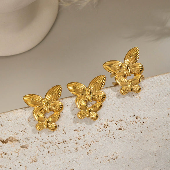 Popular Elegant Butterfly Animal Zodiac Style Stainless Steel Earrings And Ring Jewelry With Electroplating 18K Real Gold