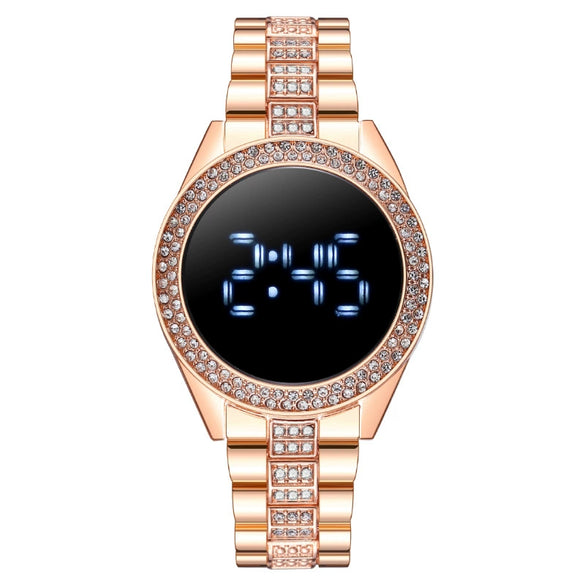 Popular Fashion Diamondencrusted Digital Watch With Metal Case And Strap Round Dial Mineral Reinforced Glass Mirror