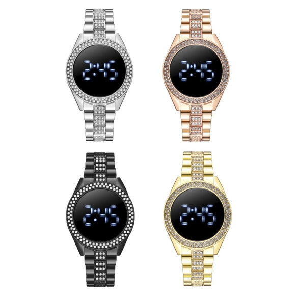 Popular Fashion Diamondencrusted Digital Watch With Metal Case And Strap Round Dial Mineral Reinforced Glass Mirror