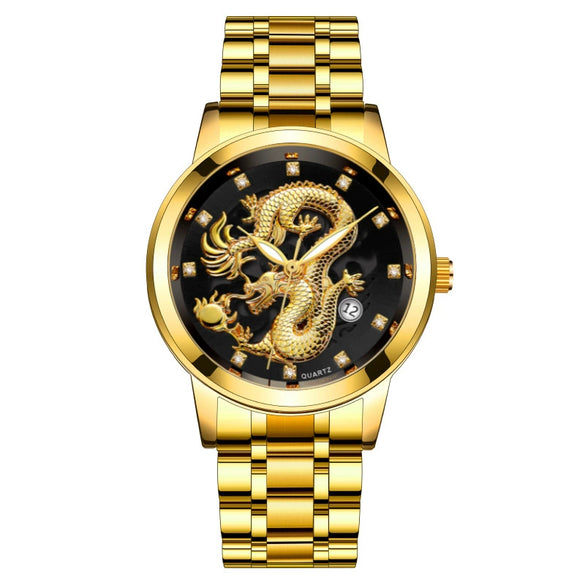 Popular Fashion Men's Watch Metal Band Nonmechanical Business Waterproof Square Diamond Chinese Dragon Design