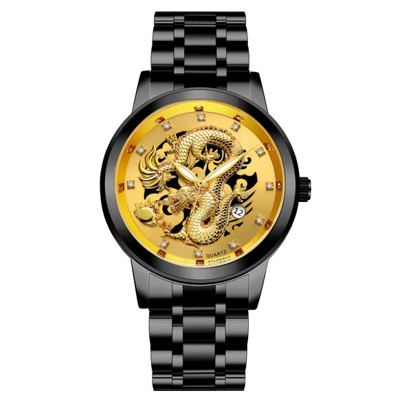 Popular Fashion Men's Watch Metal Band Nonmechanical Business Waterproof Square Diamond Chinese Dragon Design