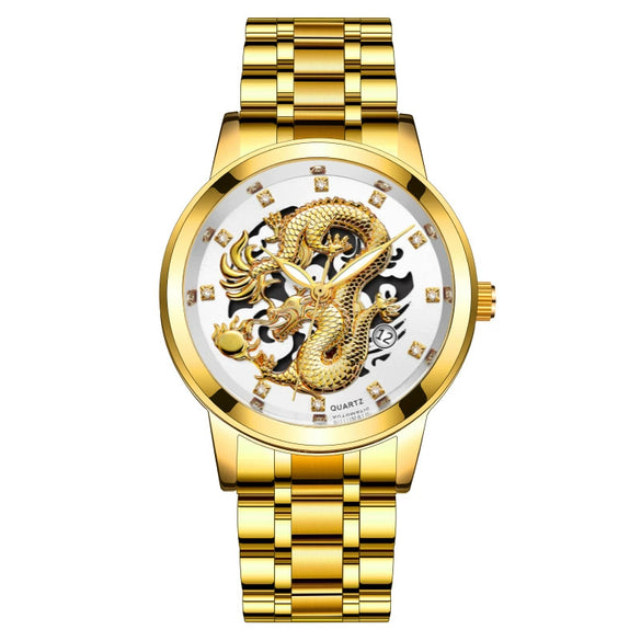 Popular Fashion Men's Watch Metal Band Nonmechanical Business Waterproof Square Diamond Chinese Dragon Design