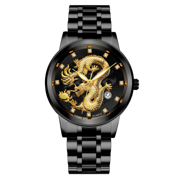 Popular Fashion Men's Watch Metal Band Nonmechanical Business Waterproof Square Diamond Chinese Dragon Design