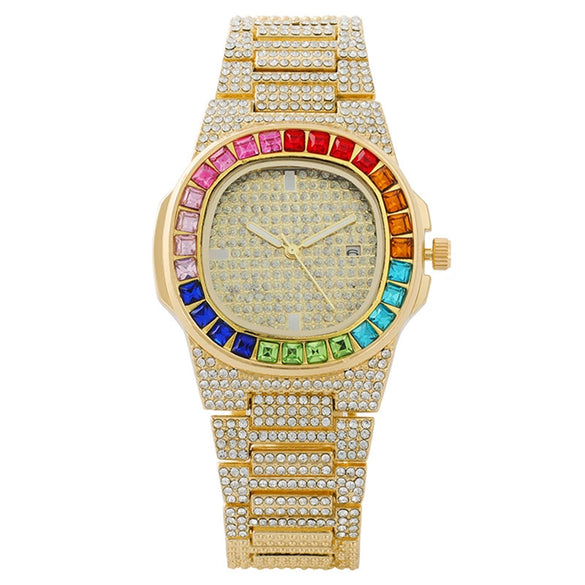 Popular Fashion Women's Alloy Watch With Square Dial And Mineral Strengthened Mirror Full Of Colored Diamonds