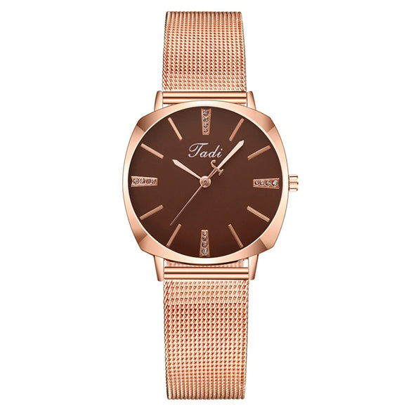 Popular Fashion Women's Metal Mesh Belt Square Dial Quartz Watch With Diamond Encrustment And Stainless Steel Buckle