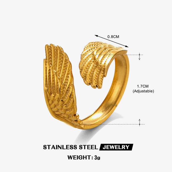 Popular Feather Open Ring For Women Stainless Steel Real Gold Electroplated Hiphop Style