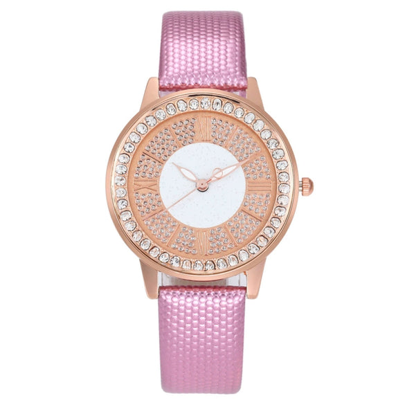 Popular Gypsophila Diamond Fashion Women's Alloy And Imitation Leather Quartz Watch With Round Dial