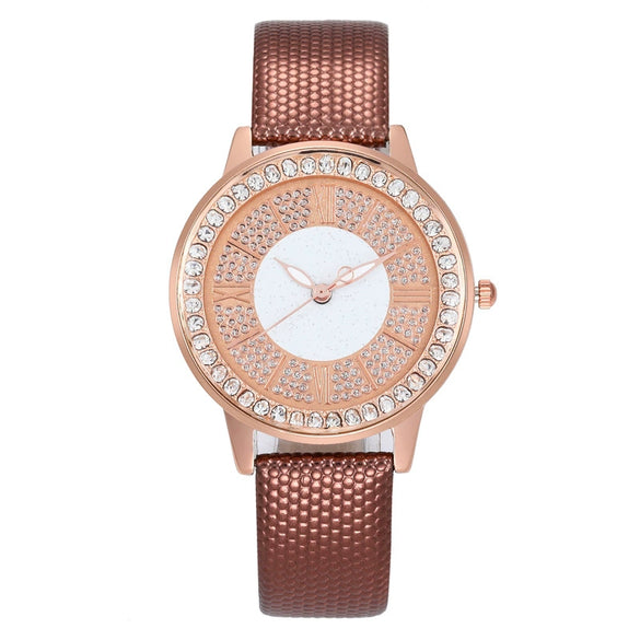 Popular Gypsophila Diamond Fashion Women's Alloy And Imitation Leather Quartz Watch With Round Dial