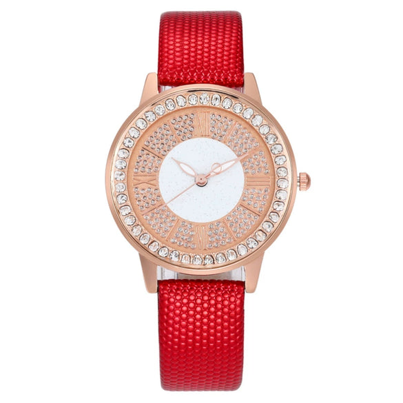 Popular Gypsophila Diamond Fashion Women's Alloy And Imitation Leather Quartz Watch With Round Dial