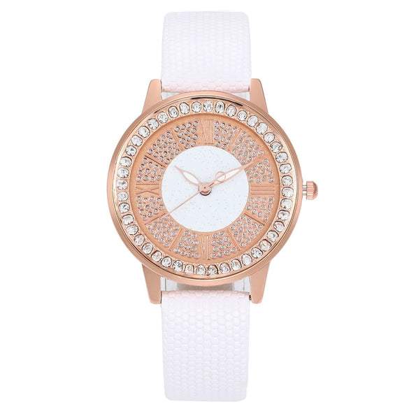 Popular Gypsophila Diamond Fashion Women's Alloy And Imitation Leather Quartz Watch With Round Dial