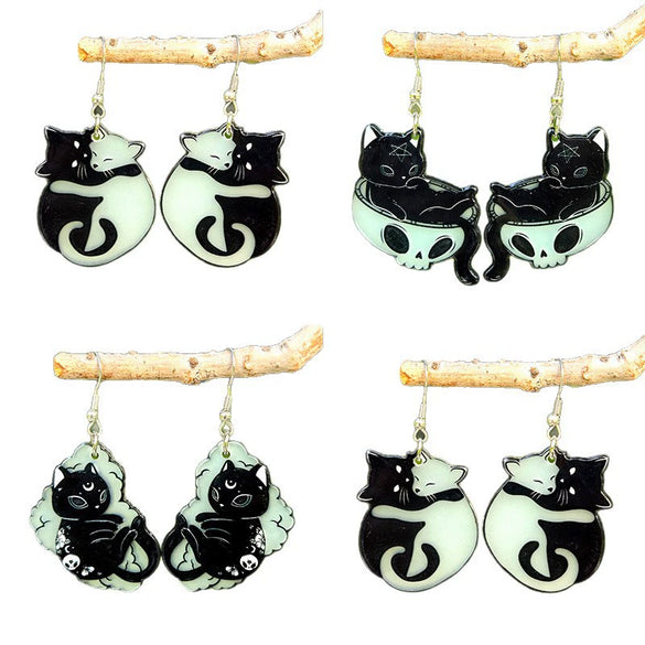 Popular Halloween Luminous Acrylic Earrings With Black And White Cat Design Doublesided Printing