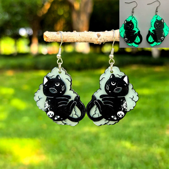 Popular Halloween Luminous Acrylic Earrings With Black And White Cat Design Doublesided Printing