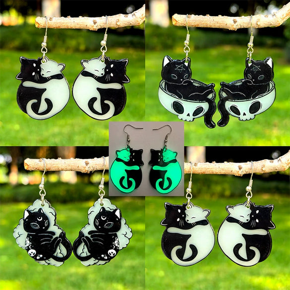 Popular Halloween Luminous Acrylic Earrings With Black And White Cat Design Doublesided Printing
