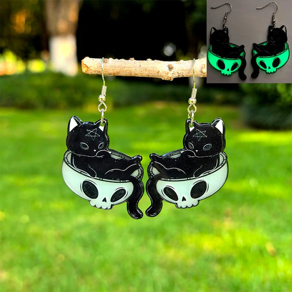 Popular Halloween Luminous Acrylic Earrings With Black And White Cat Design Doublesided Printing