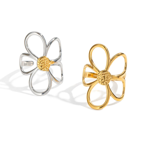 Popular Hollow Flower Stainless Steel Ring With Electroplating For Women High End Hand Jewelry Accessories