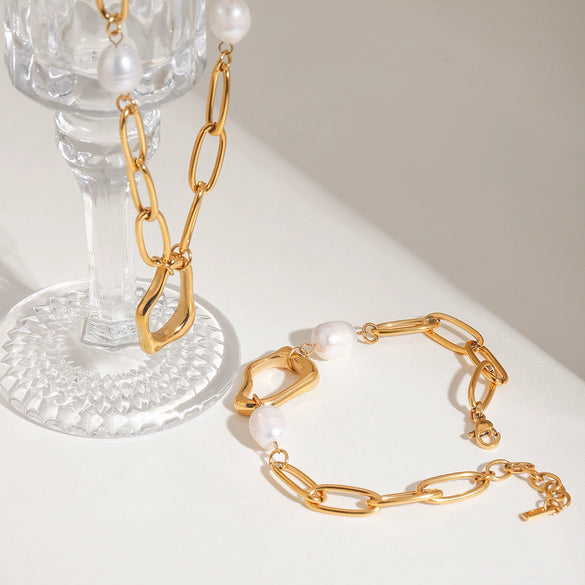 Popular Irregular Pearl Beaded Titanium Steel Necklace And Bracelet With Geometric Design And Electroplating Treatment For Women