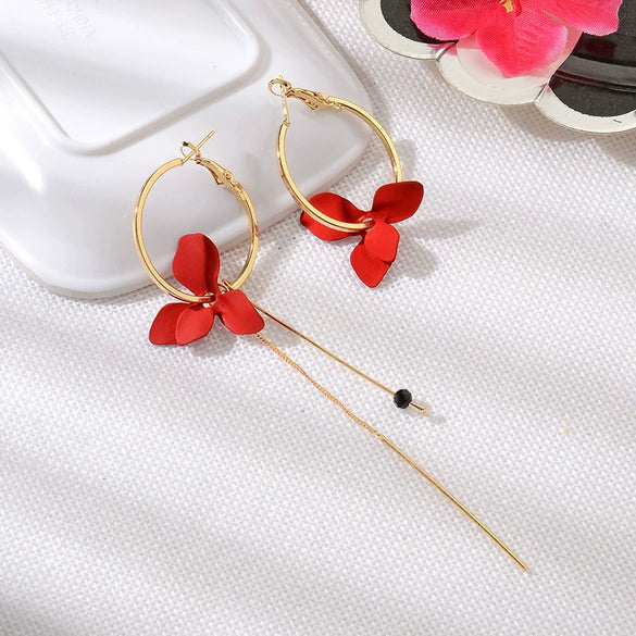 Popular Petal Asymmetric Geometric Circle Tassel Drop Stud Earrings For Women Alloy Material With Electroplating Treatment Flower Pattern