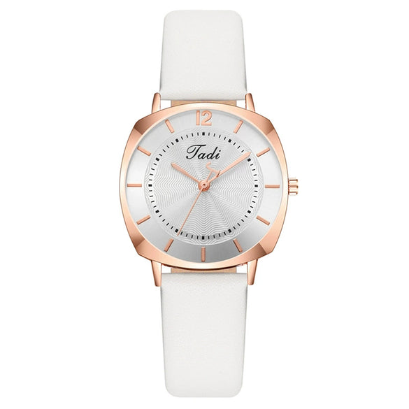 Popular Women's Fashion Square Metal Case Imitation Leather Strap Quartz Watch