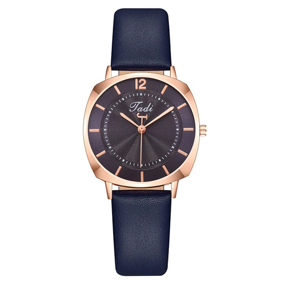 Popular Women's Fashion Square Metal Case Imitation Leather Strap Quartz Watch
