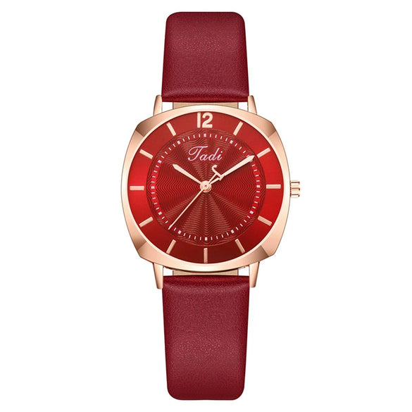 Popular Women's Fashion Square Metal Case Imitation Leather Strap Quartz Watch