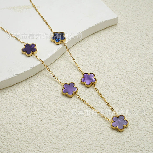 Popular Women's Titanium Steel And Stainless Steel Electroplated Doublesided Fiveleaf Clover Necklace With Motherofpearl And Geometric Design