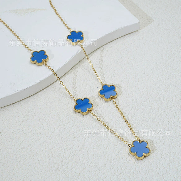Popular Women's Titanium Steel And Stainless Steel Electroplated Doublesided Fiveleaf Clover Necklace With Motherofpearl And Geometric Design