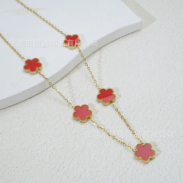 Popular Women's Titanium Steel And Stainless Steel Electroplated Doublesided Fiveleaf Clover Necklace With Motherofpearl And Geometric Design