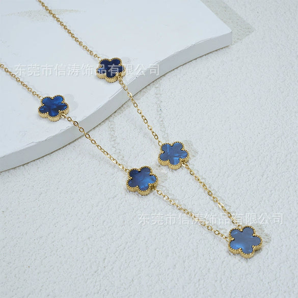 Popular Women's Titanium Steel And Stainless Steel Electroplated Doublesided Fiveleaf Clover Necklace With Motherofpearl And Geometric Design