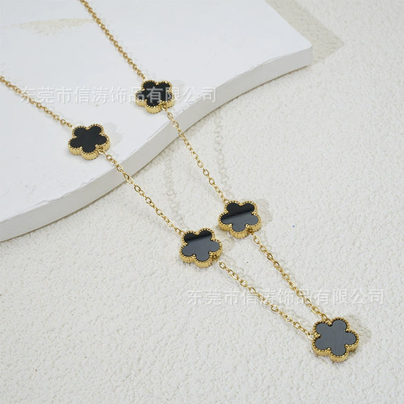 Popular Women's Titanium Steel And Stainless Steel Electroplated Doublesided Fiveleaf Clover Necklace With Motherofpearl And Geometric Design